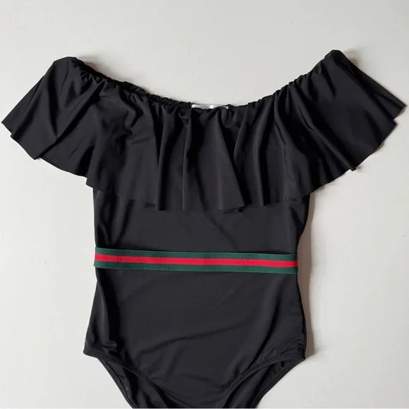 Stella Cove Girls Black Ruffle Swimsuit with Gucci-Style Belt - Size 12Y